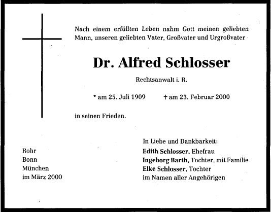 Schlosser Alfred 1909-2000 Todesanzeige